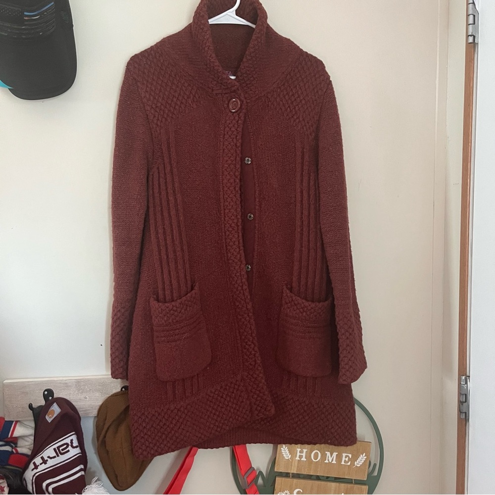 Prana Red/Burgundy Cardigan Sweater Knit Style